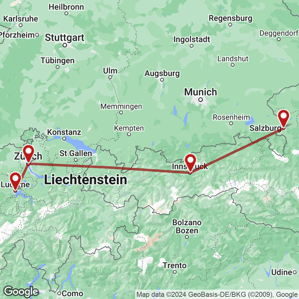 Route for Lucerne, Zurich, Innsbruck, Salzburg tour